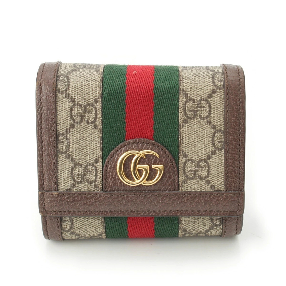 Gucci Ophidia x Leather GG Supreme Compact Wallet Bi fold Beige Cream